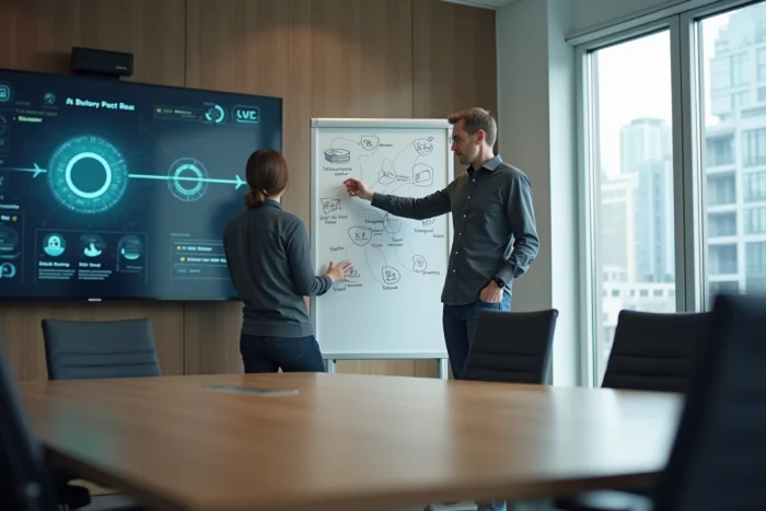 Entrepreneur présentant une stratégie de connectivité Internet professionnelle lors d'une réunion d'équipe en salle de conférence
