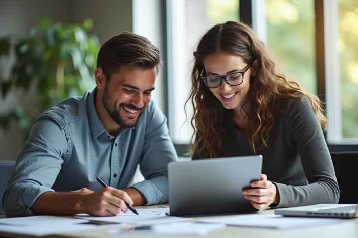 Deux entrepreneurs collaborent dans un bureau lumineux avec tablette