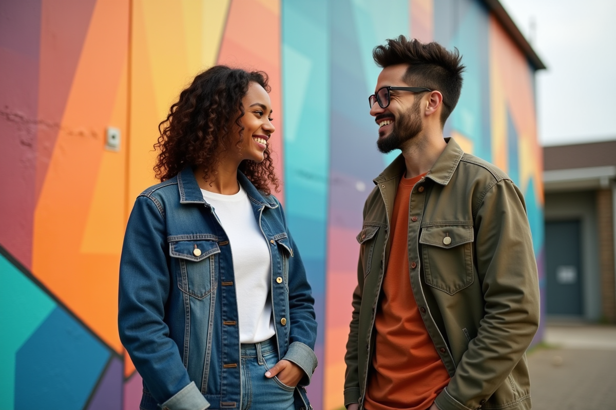 Deux entrepreneurs discutent devant un mur coloré en extérieur