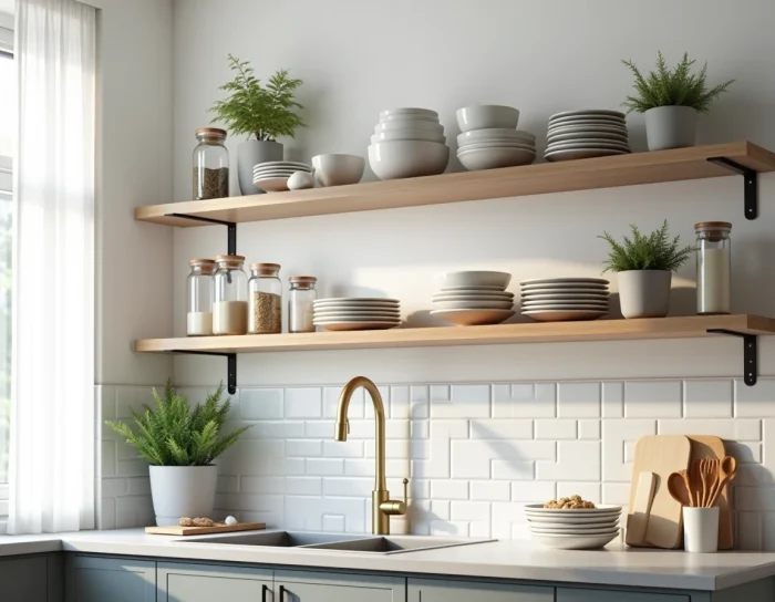 Étagères de cuisine bien organisées avec vaisselle en céramique, bocaux en verre et accessoires en laiton brossé dans une cuisine moderne