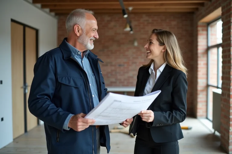 Expert en construction avec plans dans un appartement en rénovation