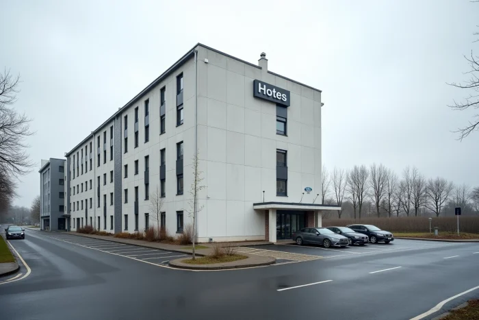 Vue extérieure de l'Etap Hotel Strasbourg Gare depuis le parking, avec façade moderne et environnement urbain proche de l'A35