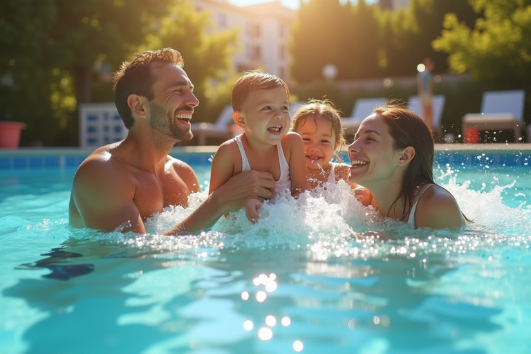 Famille heureuse jouant dans une piscine en plein soleil