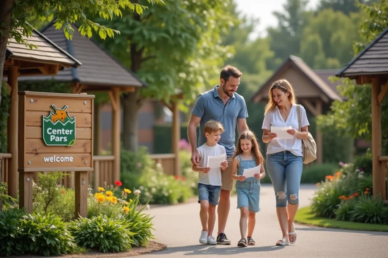 Famille souriante avec documents vacances devant Center Parcs