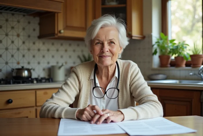 Femme âgée de 70 ans examinant des documents immobiliers à sa table de cuisine dans une maison familiale