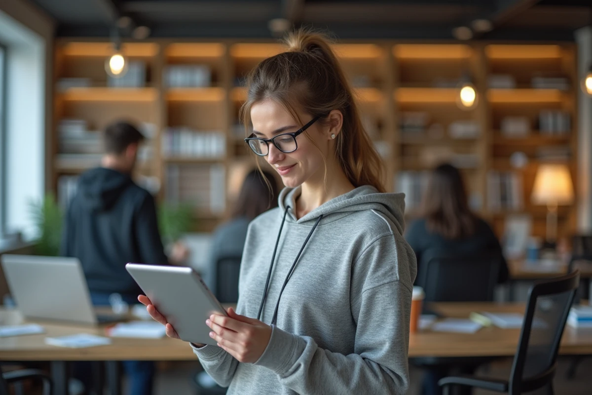 Jeune femme avec tablette en partage d espace de travail