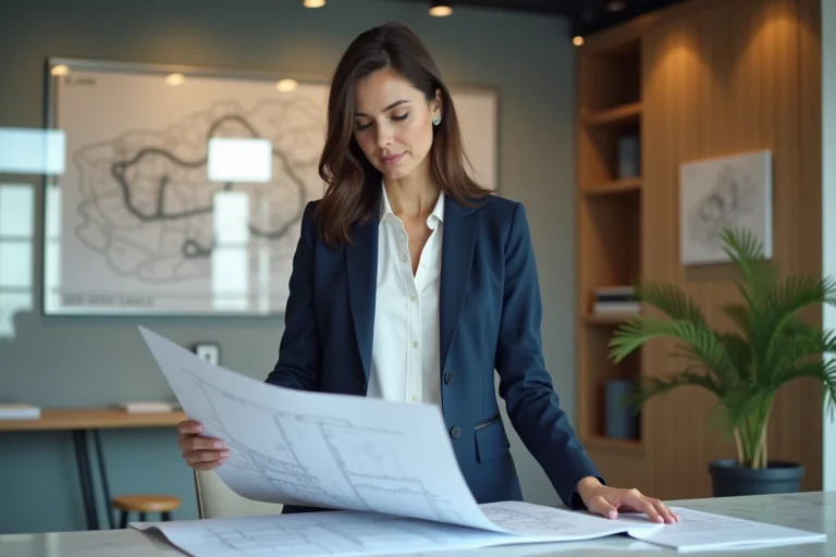 Femme architecte en bureau moderne avec plans et carte