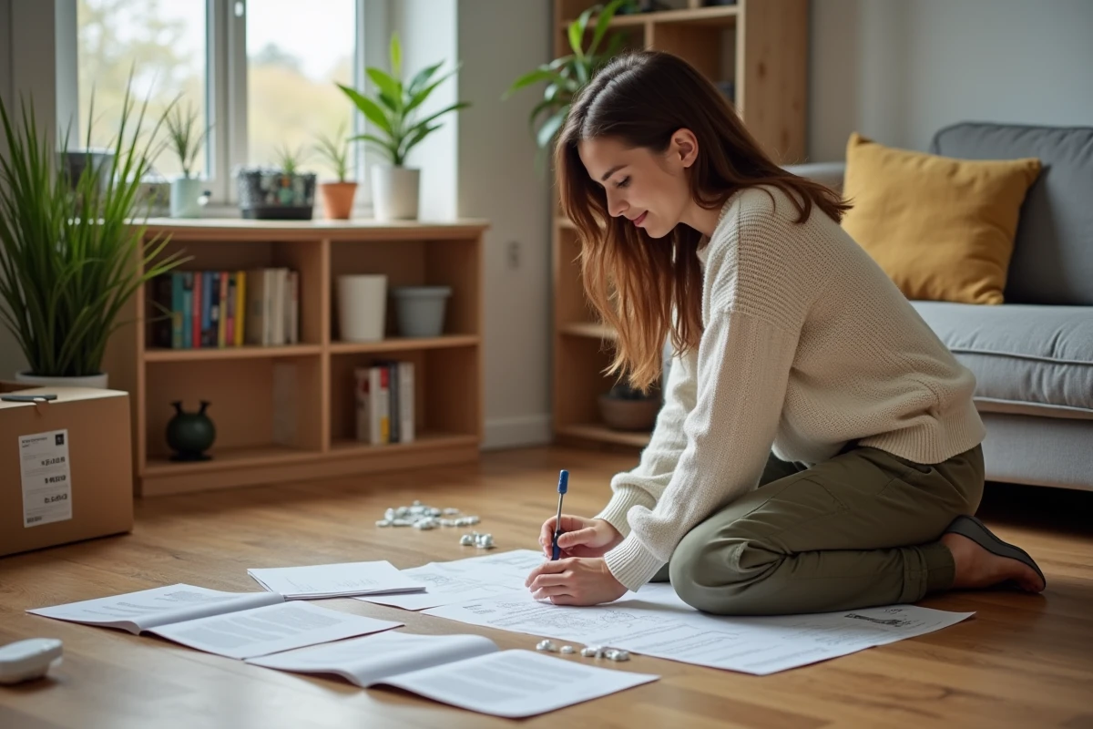 Jeune femme assemble une étagère dans un salon chaleureux