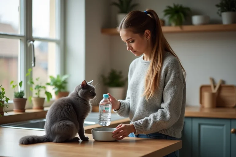 Jeune femme verse de l'eau dans un bol pour son chat