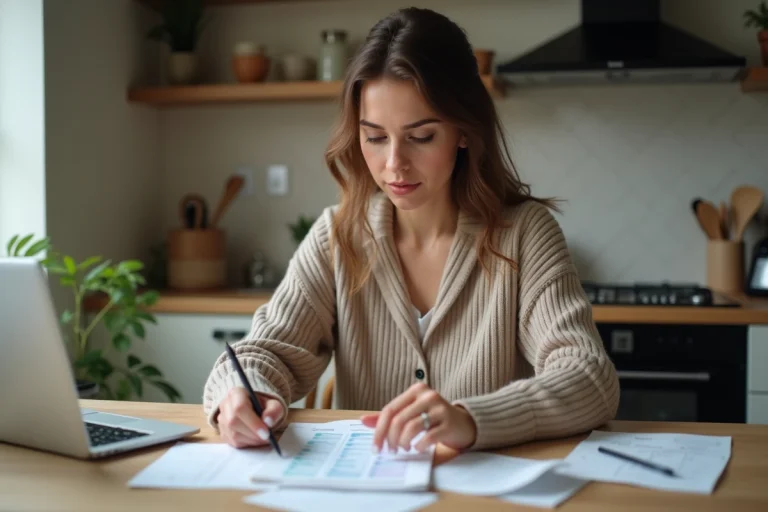 Femme en cuisine analysant ses dépenses mensuelles