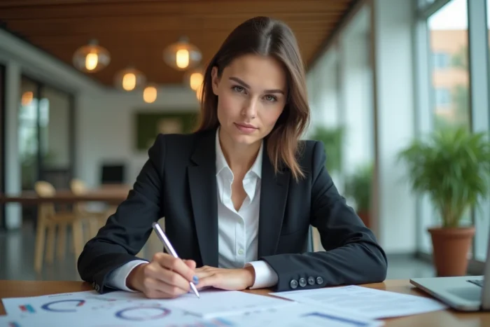 Femme en costume d'affaires travaillant à un bureau moderne