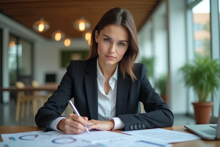 Femme en costume d'affaires travaillant à un bureau moderne