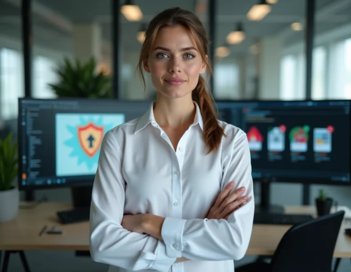 Femme dans un bureau moderne examinant des avertissements de sécurité liés à des logiciels piratés sur deux écrans