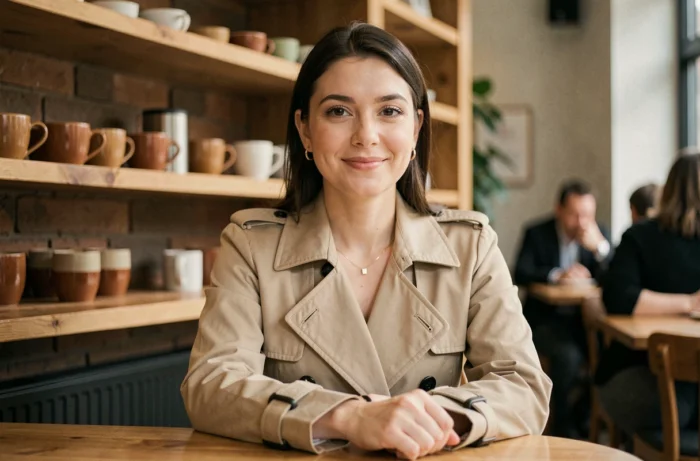 Femme élégante et assurée en trench coat beige dans un café chaleureux, incarnant charisme naturel et attractivité féminine