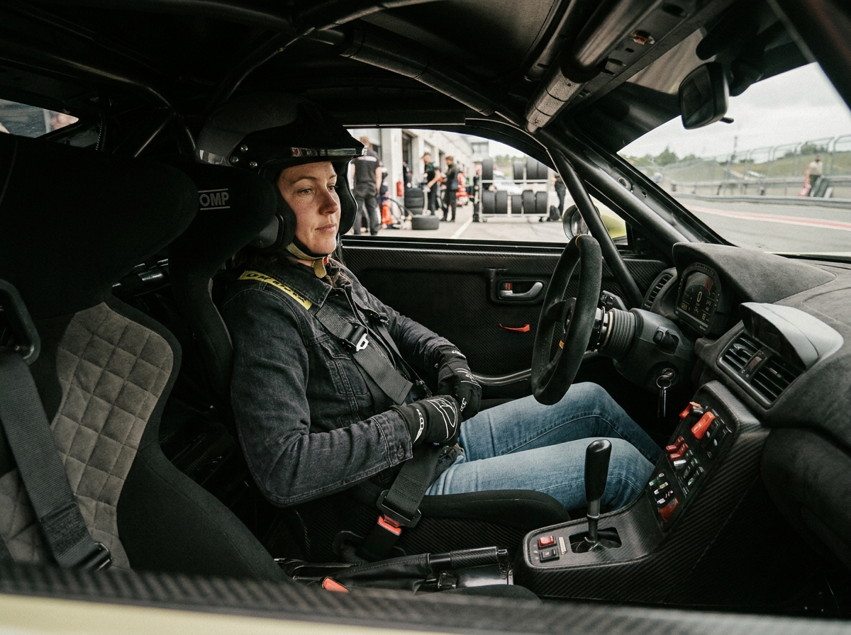 Femme dans cockpit de voiture de course ajuste harnais