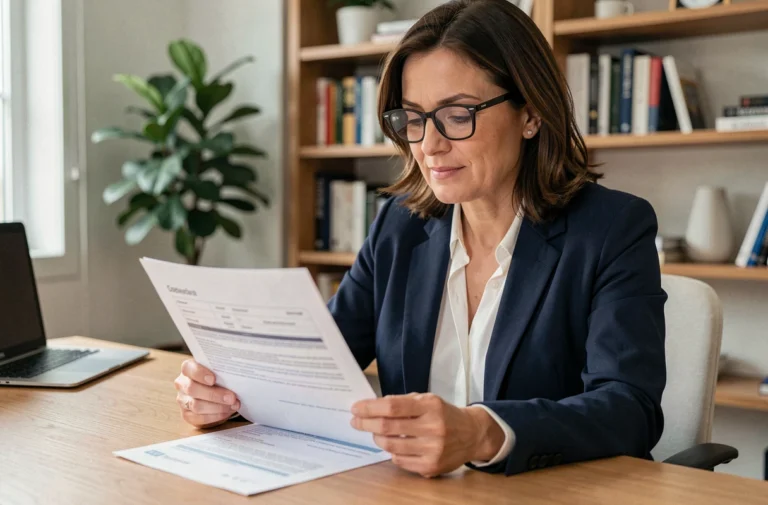 Femme consultant un document de mutuelle santé à son bureau à domicile, illustrant la souscription à une mutuelle 403