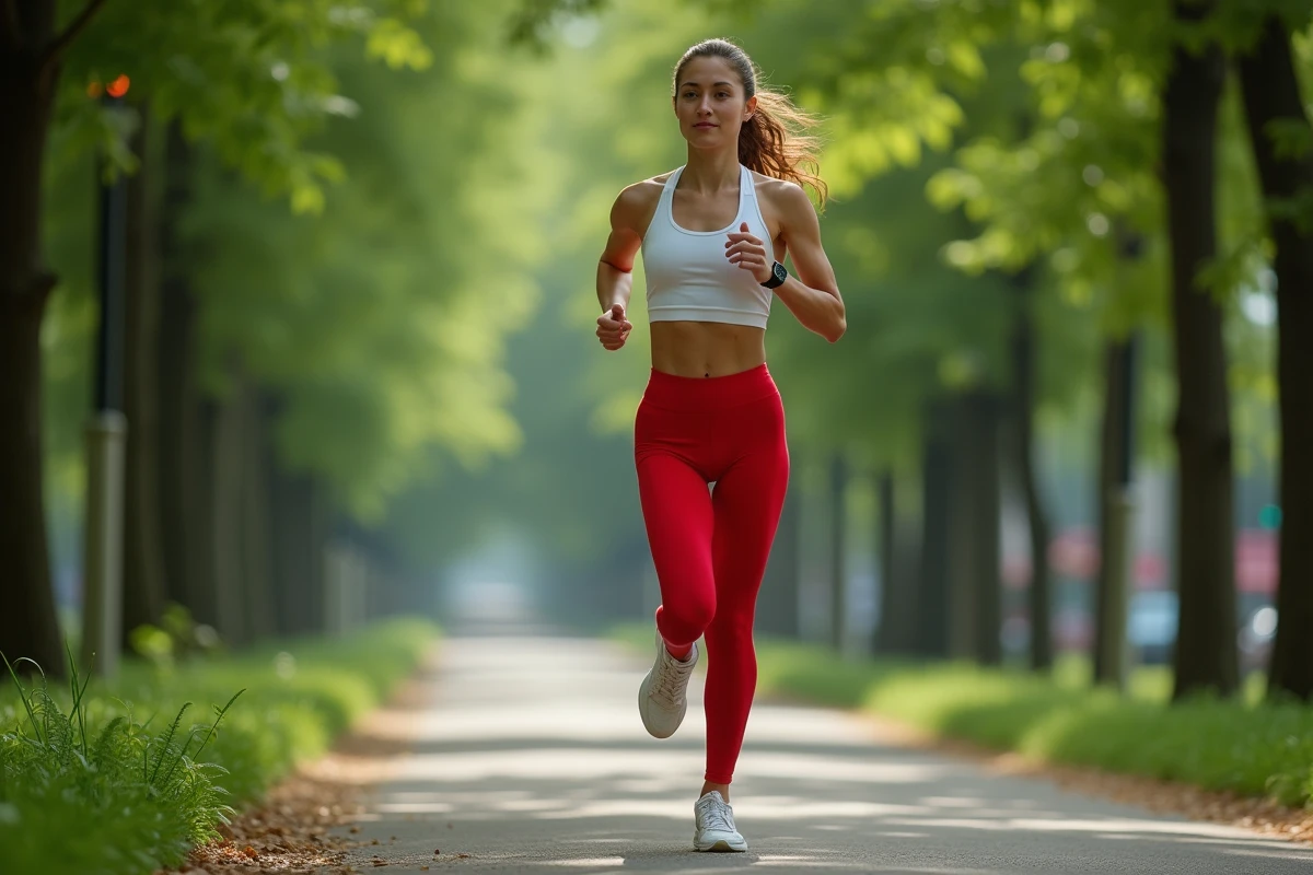 Jeune femme en course dans un parc verdoyant