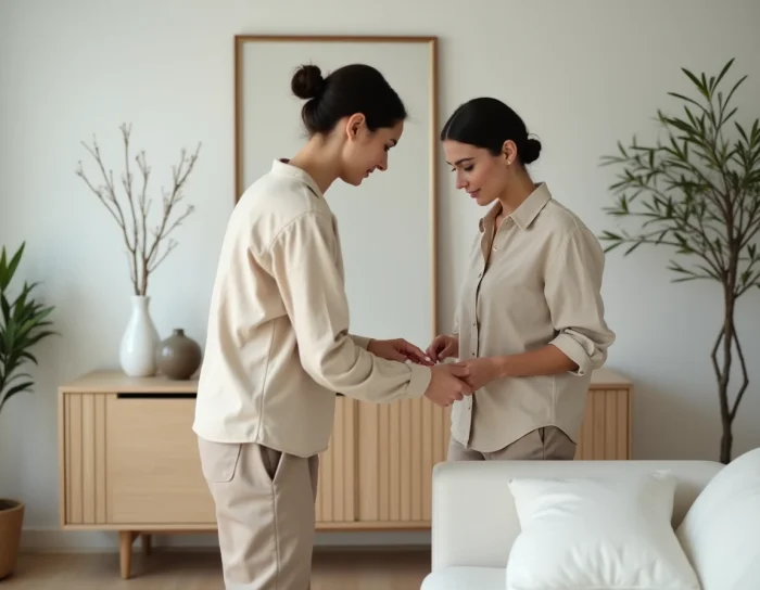 Femme arrangeant des objets décoratifs sur un meuble scandinave en bois clair dans un salon moderne et épuré