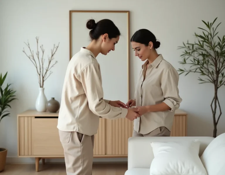 Femme arrangeant des objets décoratifs sur un meuble scandinave en bois clair dans un salon moderne et épuré