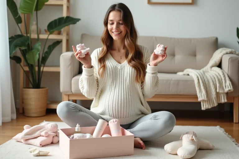 Femme enceinte découvrant un coffret cadeau grossesse gratuit rempli de produits bébé sur le sol de son salon