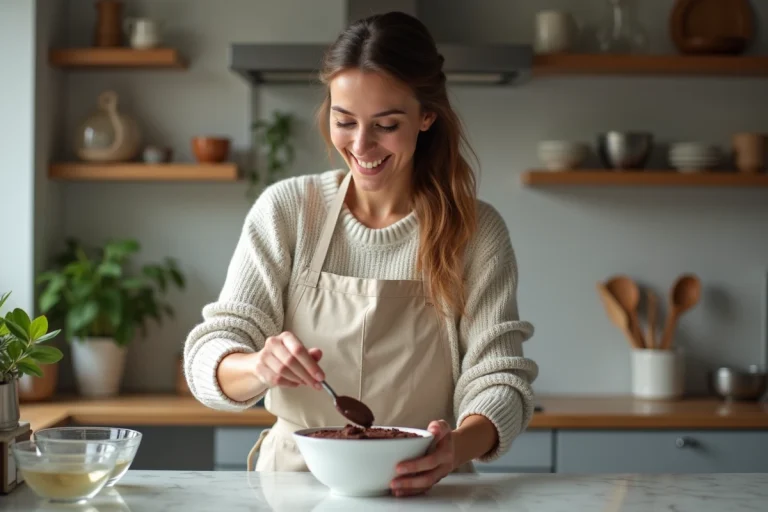 Jeune femme prépare une mousse au chocolat dans la cuisine