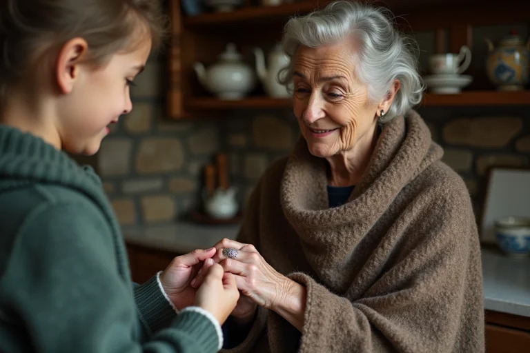 Femme irlandaise âgée offrant un anneau Claddagh à sa petite fille