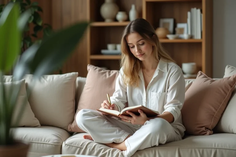 Femme assise sur un canapé en train de journaliser dans un salon cosy