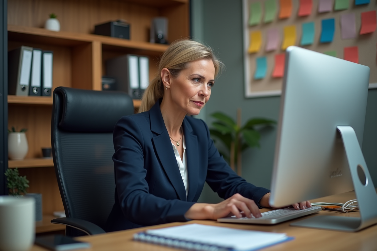 Manager femme en blazer bleu travaillant sur son ordinateur