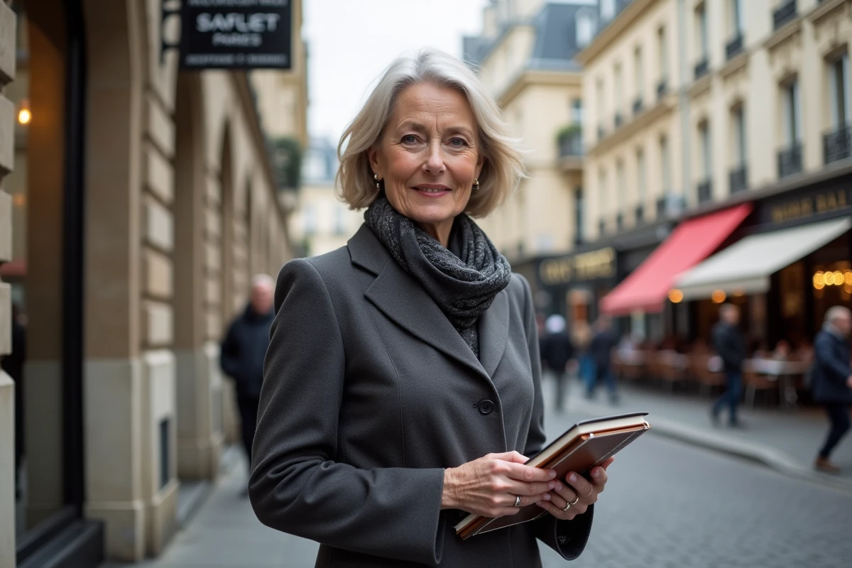 Femme élégante en rue parisienne avec carnet et stylo