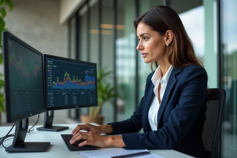 Femme professionnelle analysant des données sur des écrans dans un bureau moderne pour optimiser son entreprise grâce aux services Internet