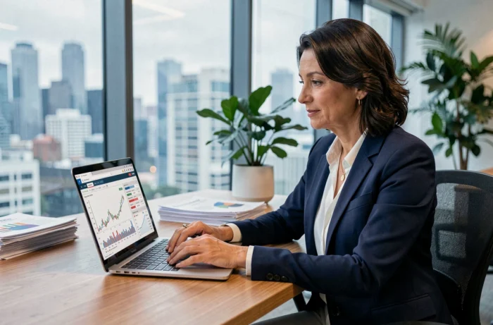 Femme professionnelle analysant un simulateur de rendement SCPI sur ordinateur portable dans un bureau moderne