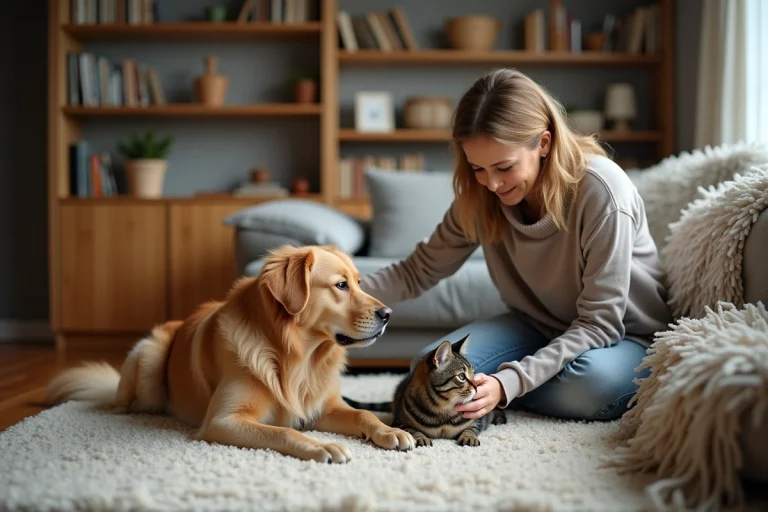 Femme relaxe caressant un retriever et un chat dans le salon