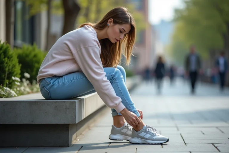 Femme assise sur un banc urbain en train de lacer ses sneakers