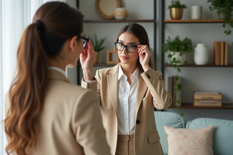 Femme élégante ajustant ses lunettes dans un intérieur moderne