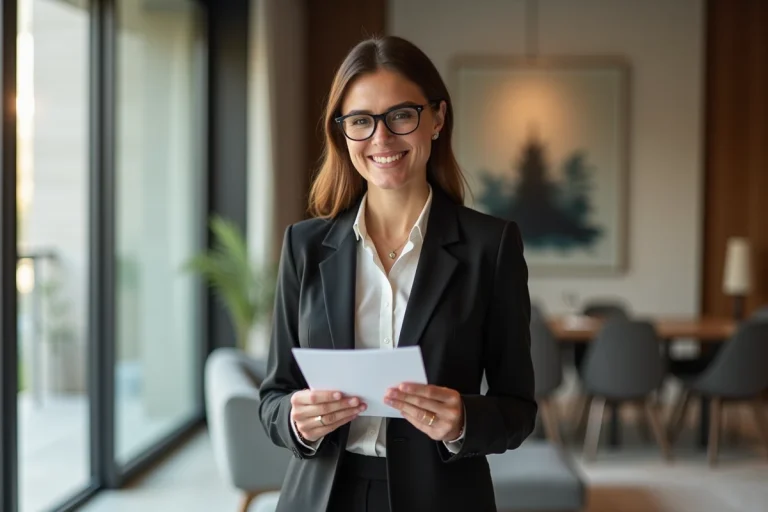Femme élégante en tailleur dans un appartement moderne