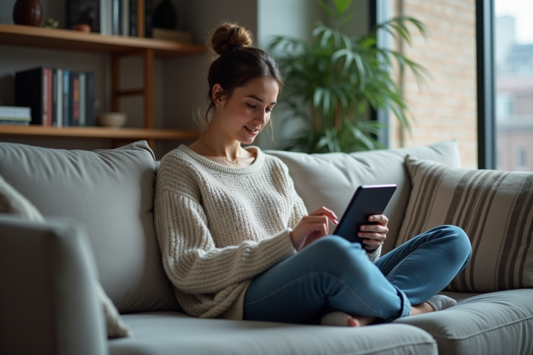 Jeune femme utilisant une tablette dans un salon moderne