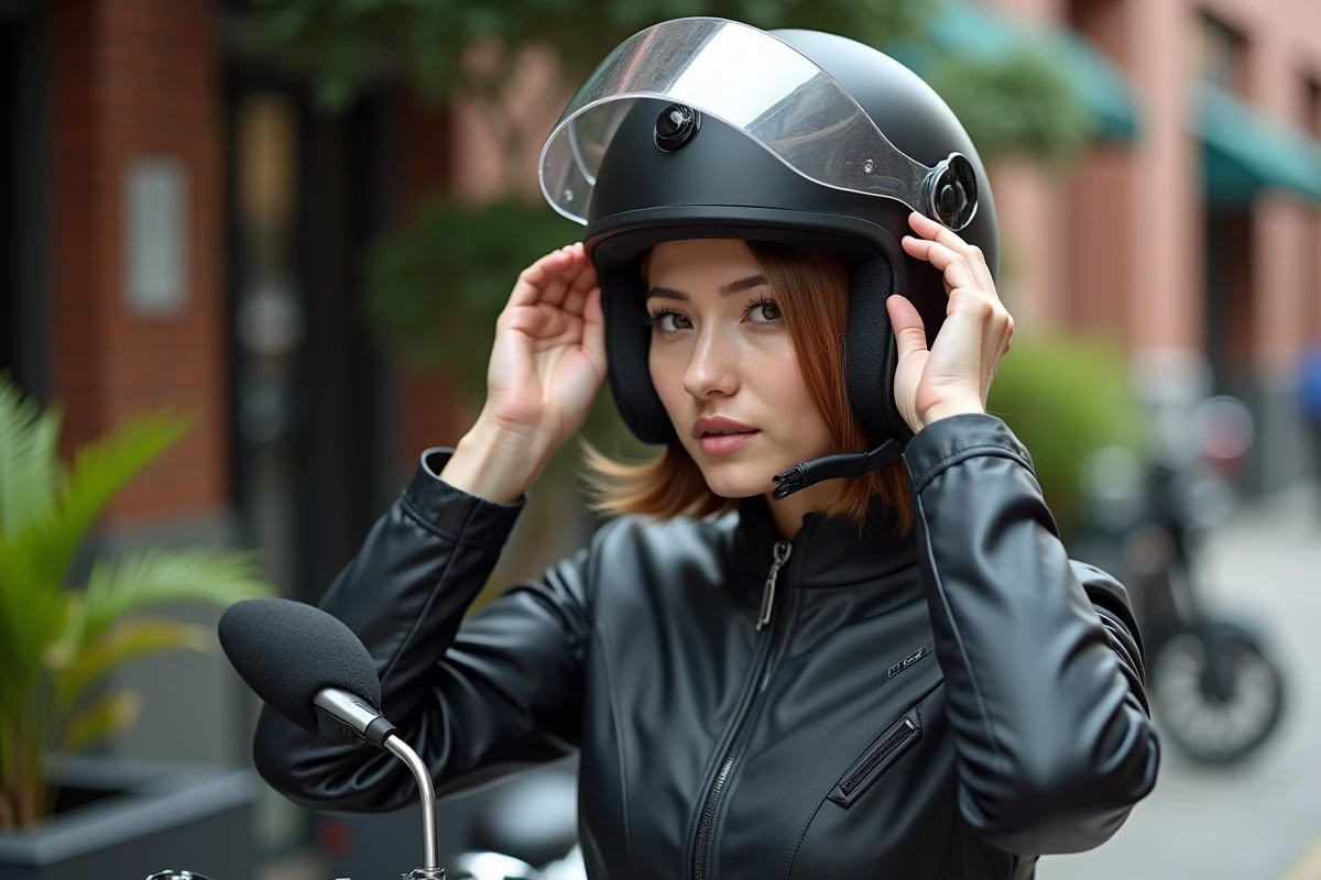 Femme ajustant un intercom sur son casque en ville