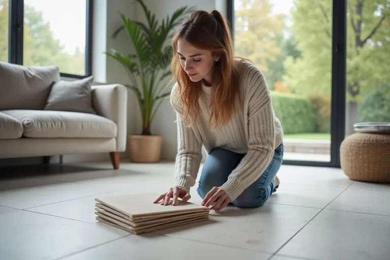 Jeune femme inspectant des carreaux dans un salon moderne