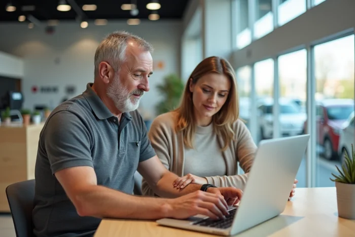 Un vendeur et un client consultent ensemble une plateforme de garantie automobile en ligne dans une agence de vente de voitures