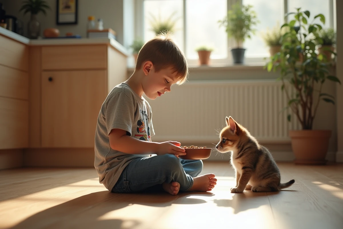 Garçon donnant à manger à un chat et un chien dans la cuisine