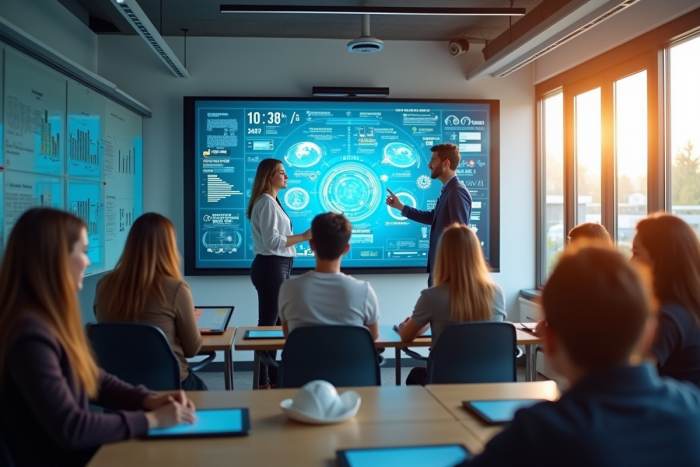 Groupe d élèves et enseignants autour d un écran interactif