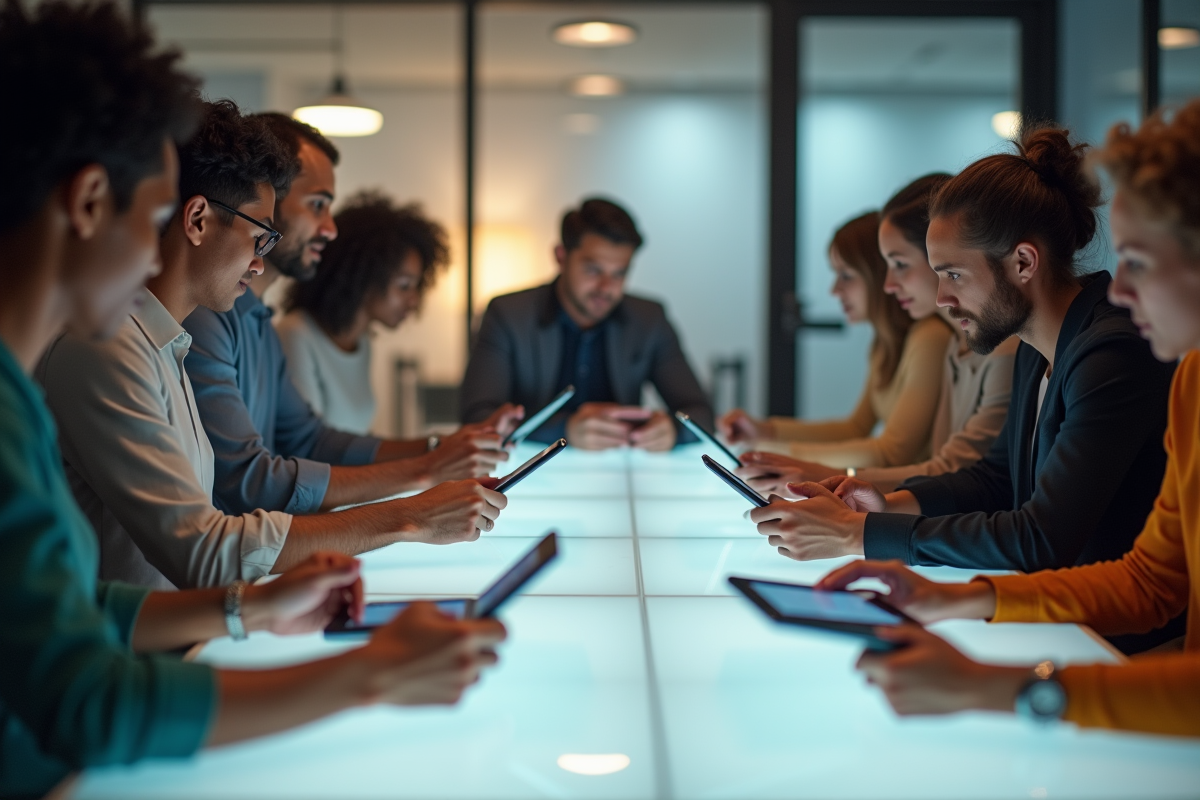 Groupe divers d adultes en e-learning avec tablettes