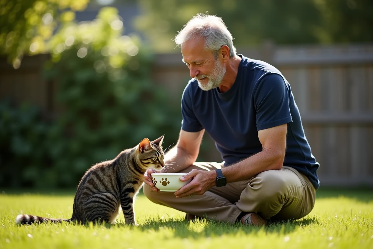 Homme donne à boire à son chat dans le jardin ensoleille