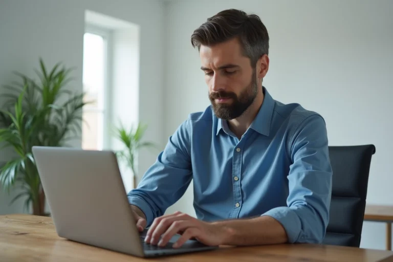 Homme concentré travaillant sur un ordinateur dans un bureau moderne
