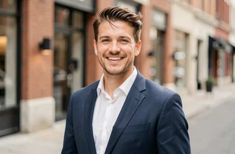 Homme charismatique et souriant en blazer navy dans une rue urbaine moderne, illustrant confiance et attractivité au quotidien