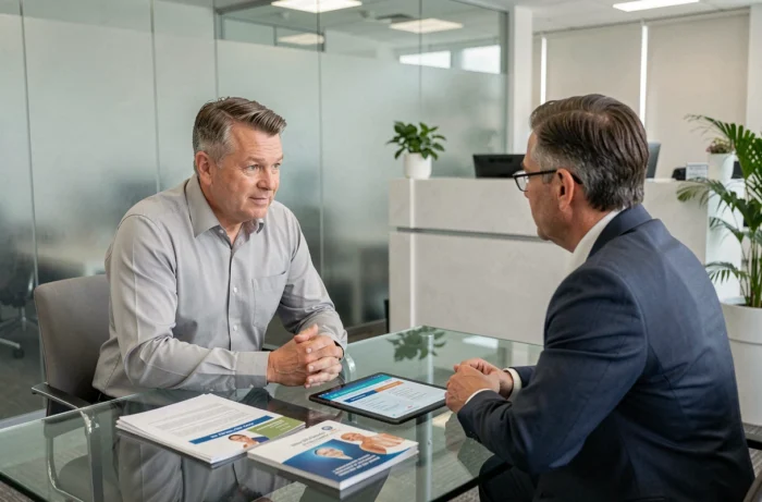 Homme discutant de sa couverture mutuelle 403 avec un conseiller en assurance dans une agence moderne