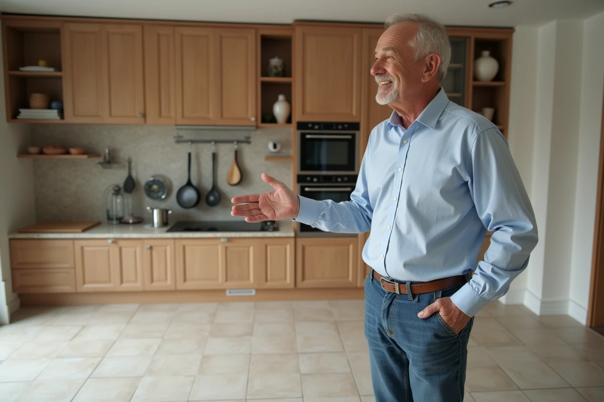 Homme expliquant la pose de carreaux dans une cuisine
