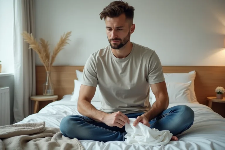 Homme en jeans et t-shirt plie du linge dans une chambre lumineuse