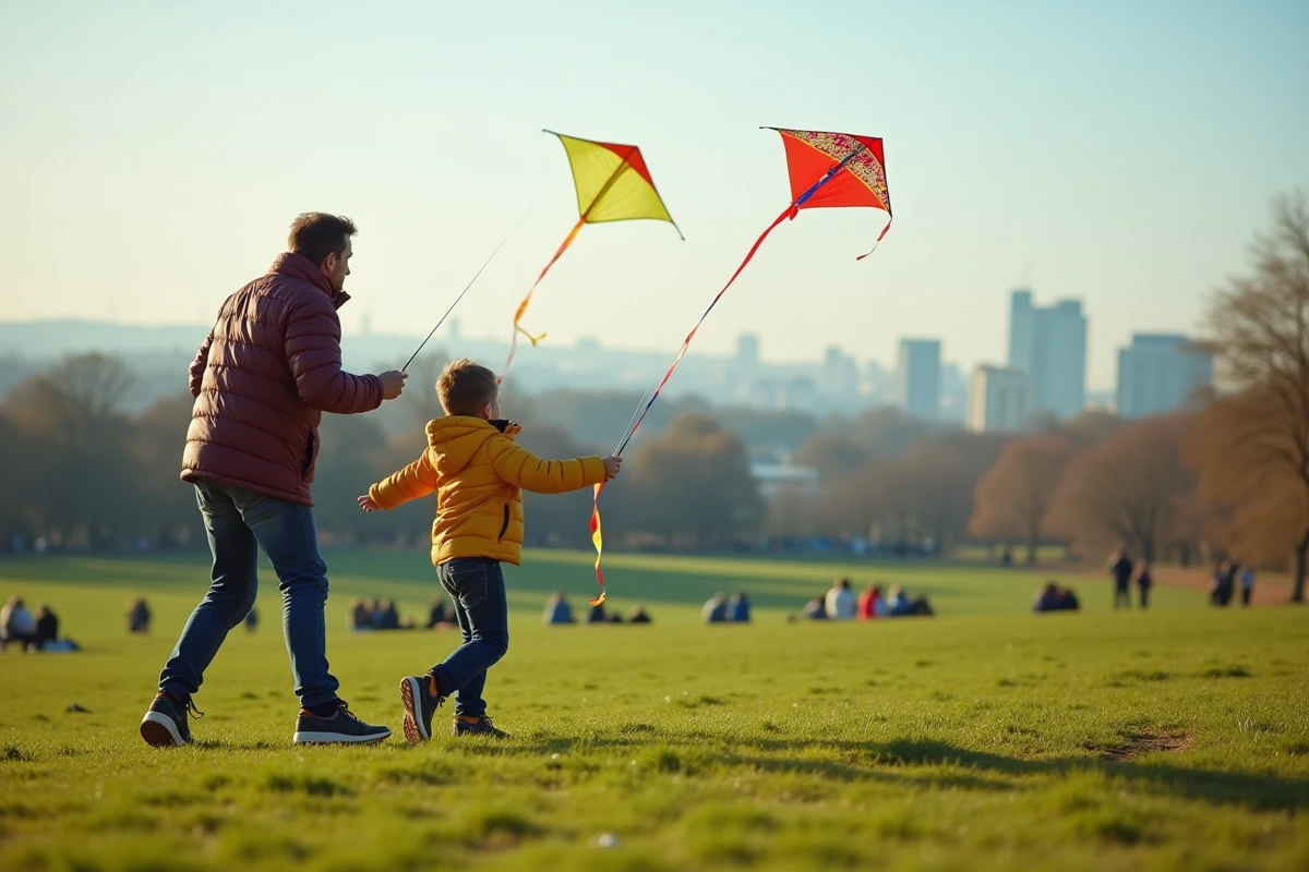 Homme et fille font voler des cerfs-volants dans un parc