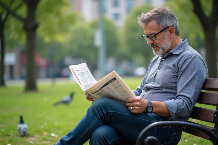 Homme d'âge moyen lisant un journal à l'envers dans un parc urbain